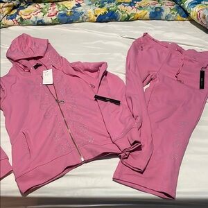 BCBGMaxAzria Pink Hoodie with Rhinestone Details way cute pants are capri ..